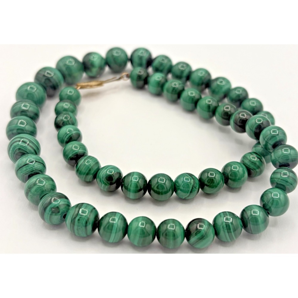 Vintage Genuine Malachite Graduated Bead Knotted Gemstone Necklace 18"